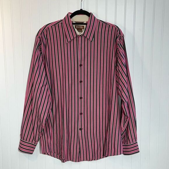 Michael Michael Kors Button Down Shirt Men Large Pink Stripped Long Sleeve - Picture 1 of 13
